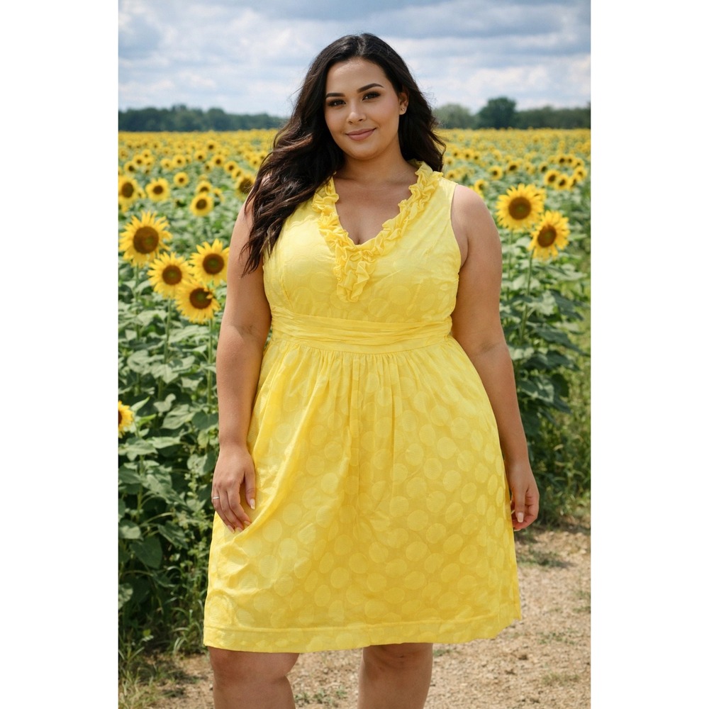Studio I‎ Yellow Polka Dot Ruffle V-Neck Sleeveless Cotton Dress Womens Size 12